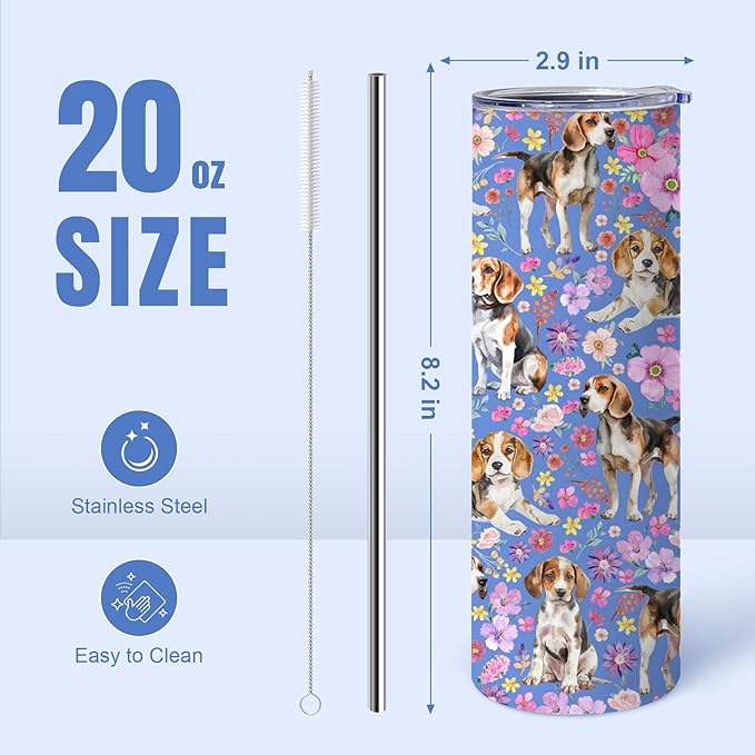 Yogusut Beagle Gifts for Women, 20oz Stainless Steel Insulated Tumbler Travel Mug Cup with Lid Straw Brush, Gifts for Dog Mom Dog Lover