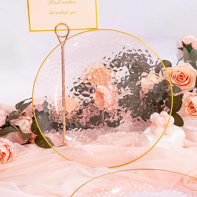 DaYammi 100PCS Pink Gold Plastic Plates - 10 inch Clear Pink Gold Dinner Plates - Hammer Pattern Design - Fancy Disposable Plate - Heavy Duty Party Plate Ideal for Wedding