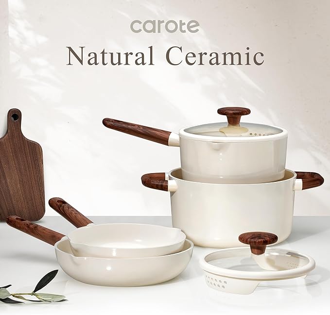 CAROTE Ceramic Cookware Sets, Pots and Pans Set Non stick, Non Toxic Healthy Induction Cookware, 14 Pcs Nonstick Kitchen Pots and Pans Set, PFAS PTFE Free, Dishwasher Safe