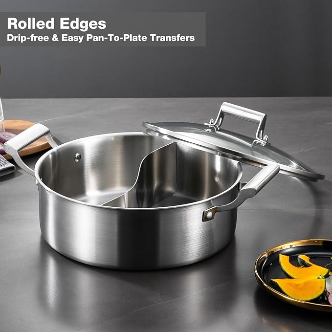 DELARLO Tri-Ply Stainless Steel 12 inch Everyday Pan with Lid, Kitchen Induction Deep Saute Pan,shabu shabu pot High Side Cooking Pot 6.8QT, Oven Safe Stock Pot, Up to 600℉