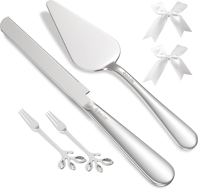 Elegant Silver Cake Knife and Server Set, Extra Thick Stainless Steel Cake Cutter and Cake Server with Bonus Forks & White Bows, Cake Cutting Set for Wedding, Birthday and Christmas Celebrations