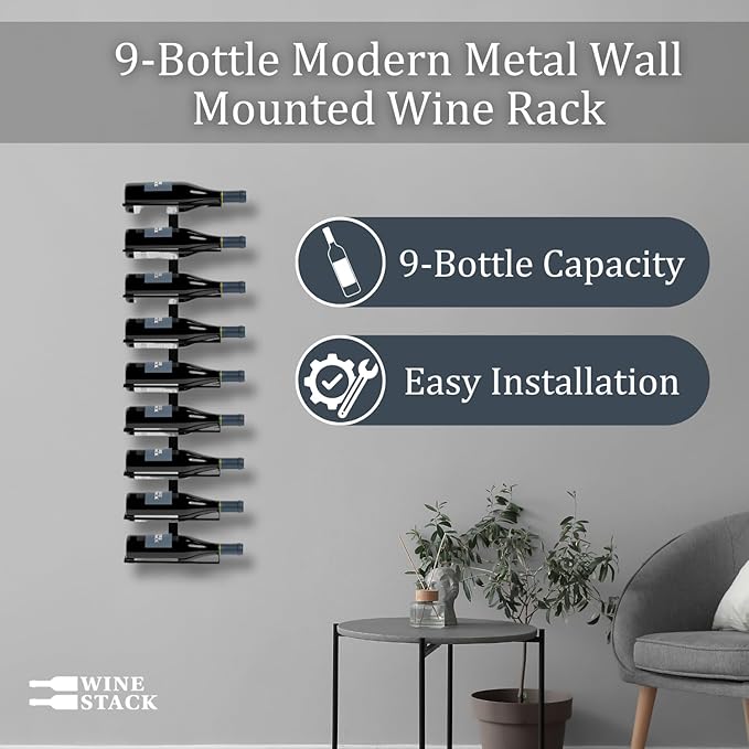 9-Bottle Black Metal Wall Mounted Wine Rack ??Modern Industrial Wine Bottle Storage Organizer for Home Bar, Kitchen, Dining Area & Wine Cellar