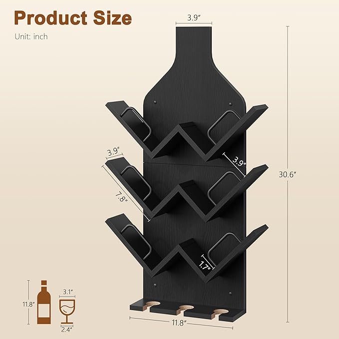 Hoctieon Wine Rack Wall Mounted, 6 Bottles Wood Wine Rack for Display and Storage, Hanging Bottle Holder Bar Shelves for Living Room, Kitchen, Dining Room, Wine Cellar, Black