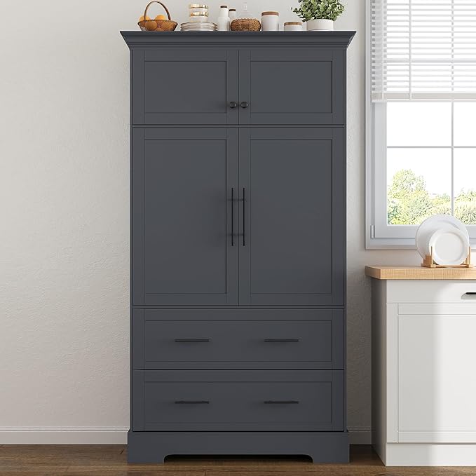 Merax 72.6" Farmhouse Kitchen Pantry Cabinet with Pull-Out Trays & Drawers, Freestanding Pantry with Cake Pan Storage, 4-Door Shaker Style Storage Cabinet, 40" L x 18" W, Grey