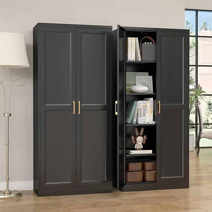 Kitchen Pantry Cabinet,71?쒫lack Metal Pantry Storage Cabinet with Doors and 4 Adjustable Shelves,Kitchen Cabinet with 2 Gold Handles,Tall Cabinet for Livingroom,Pantry, Bathroom