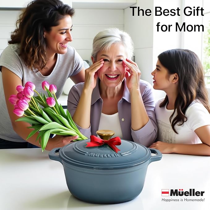 MUELLER HOME 6 Quart Enameled Cast Iron Pot Dutch Oven, Heavy-Duty, Oven-Safe up to 500째 F & Across All Cooktops, Bread Pan with Lid & Knob, Cast Iron Cookware, Blue Kitchen Accessories, Mineral Blue