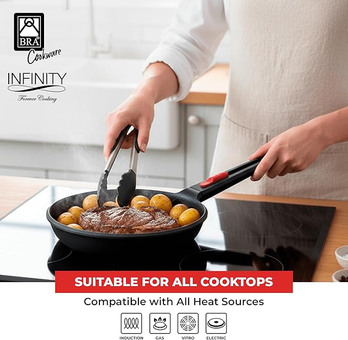 BRA COOKWARE Infinity Nonstick Frying Pan | 8-Inch Cast Aluminum Skillet | PFOA/PFAS Free Fry Pan | All Cooktops (incl Induction) Searing Skillet | Oven Safe up to 425째F (w/o Removable Handle)
