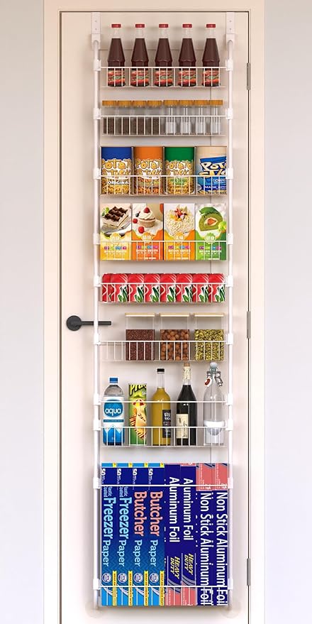 White Over the Door Pantry Organizer 8 Tier, Adjustable Basket Pantry Door Organizer and Storage, Heavy Duty Metal Kitchen Hanging Spice Rack (D5xW19xH50 Inches)