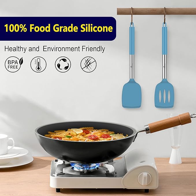 HOTEC Silicone Spatula Set of 2 Heat-Resistant 600째F & BPA-Free Kitchen SaptulaTurner with Stainless Steel Handles, Slotted & Solid Spatulas for Nonstick Cookware, 13.7 Inch, Blue