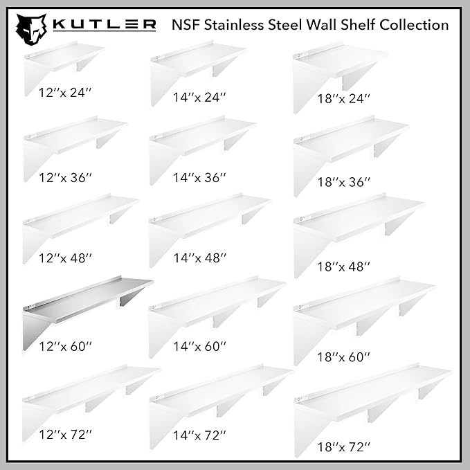 KUTLER Stainless Steel Shelf - 12" x 60", NSF Commercial Wall Mount Shelves with Backsplash, Floating Metal Shelving for Restaurant, Kitchen, Home