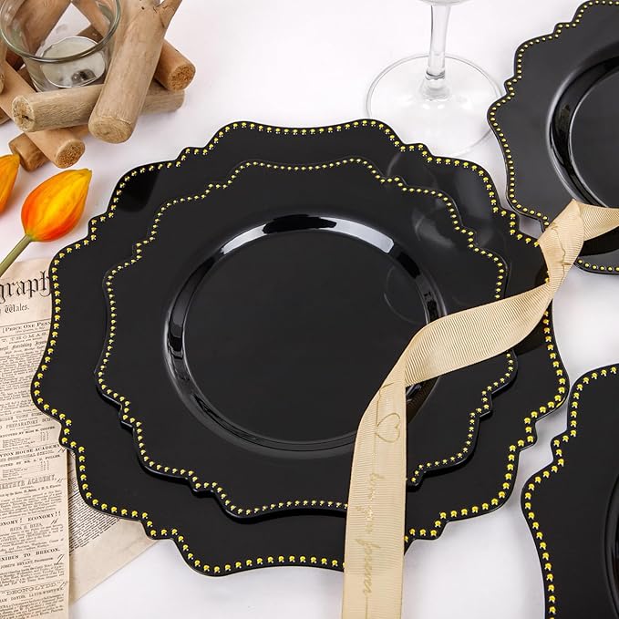 COLOSUS 60pcs Disposable Plastic Plates Set, Gold Black Party Plates, 30pcs Dinner Plates and 30pcs Salad/Dessert Plates for Wedding, Party, Anniversary, Daily Use竊똍ew Year