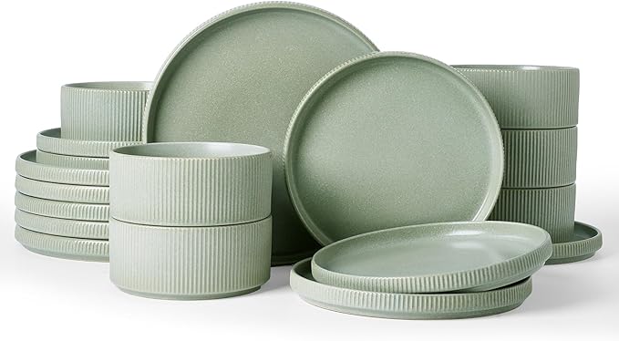 Famiware Star Dinnerware Set, Plates and Bowls Sets for 6 (18pcs), Ribbed Stoneware Dishes - Chip & Scratch Resistant, Microwave & Dishwasher Safe Kitchenware, Matte Sage Green