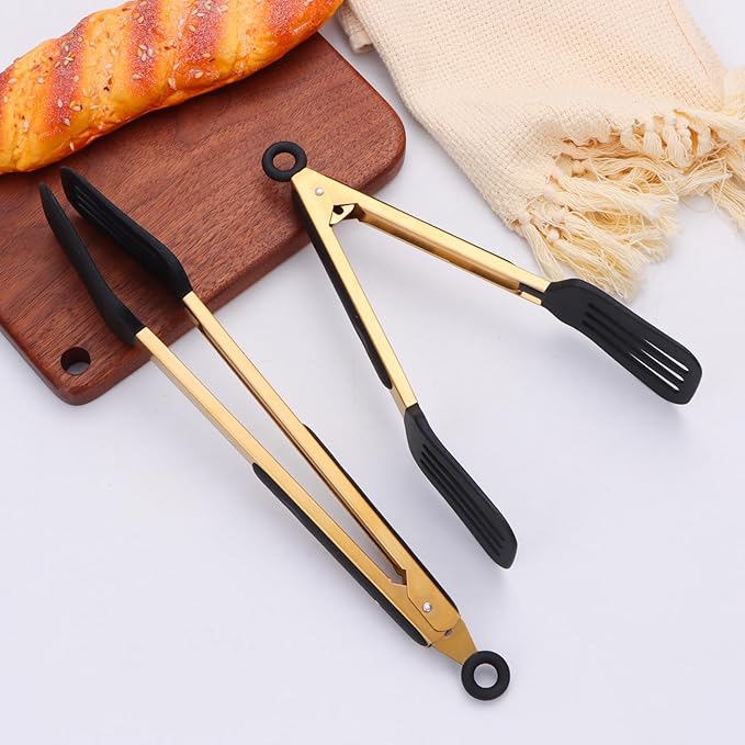 2-Piece Kitchen Spatula Tongs Food Serving Tongs 9" and 12" Cooking with BPA Free Silicone Tips(Gold)