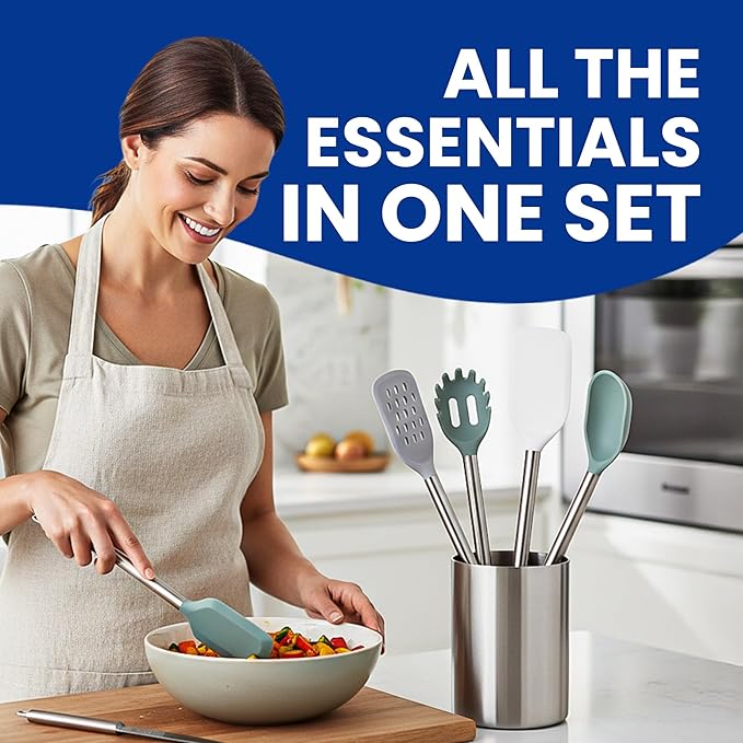 5-Piece Silicone Kitchen Utensils Set Non Toxic, Heat-Resistant & Non-Stick with Stainless Steel Handles, BPA-Free Silicone Cooking Utensils, Slotted Turner, Solid Spoon, Pasta Server, Dishwasher Safe