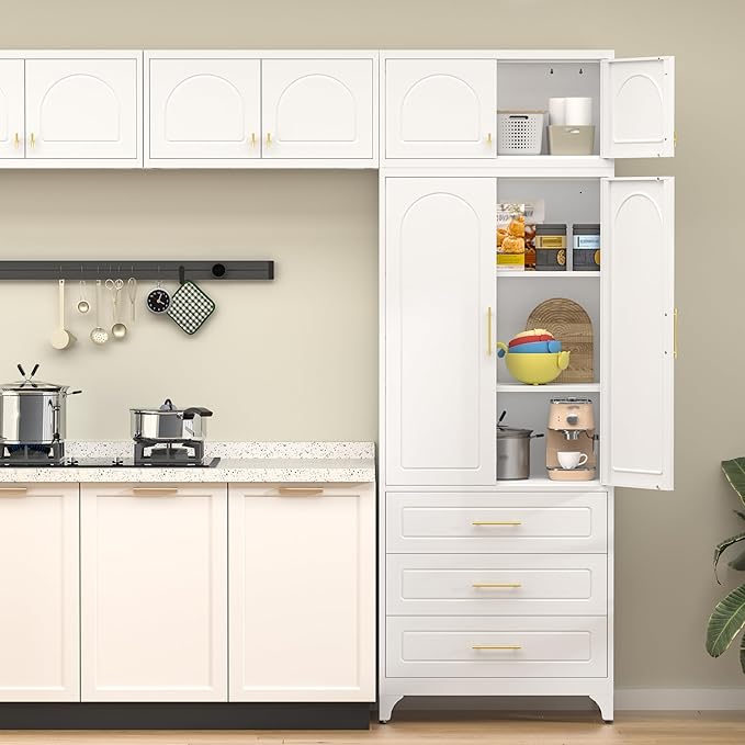 90??Tall Kitchen Pantry Cabinet,Metal Storage Cabinet with Doors and Adjustable Shelves,Modern Kitchen Hutch Cabinets,Freestanding Cupboard for Dining Room