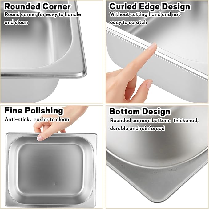 QTLCOHD 6 Pack Half Size Hotel Pans, 1/2 Inch 4 Inch Deep Stainless Steel Steam Table Pan, Commercial Food Pan for Chafing Dishes, Breading Trays for Hotel, Party, Buffet, Catering Supplies