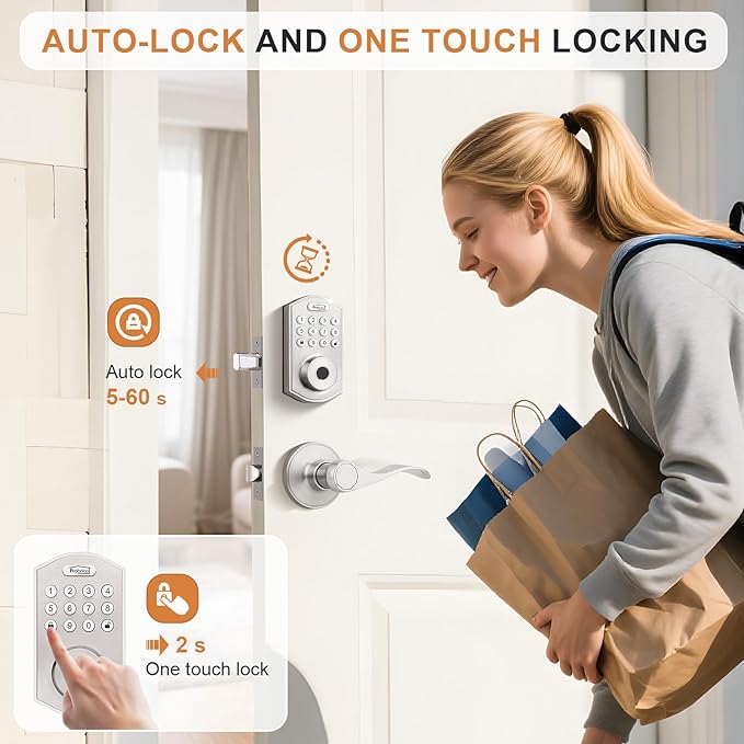 Probrico Smart Door Lock Satin Nickel Keyless Entry Door Lock, Keypad Door Lock with Handle Fingerprint Deadbolt Handle Set