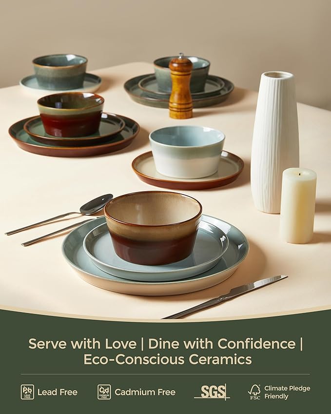Plates and Bowls Sets for 4, Ceramic Dinnerware Sets, Kitchen Dish Set, Microwave & Dishwasher Safe Dishware, Highly Durable Hand Glazed Dinner Set, Brown Green