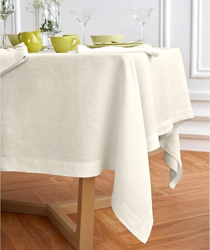 Solino Home Linen Ivory Tablecloth 70 x 90 Inch - 100% Pure Linen Rectangular Tablecloth - Machine Washable Table Cloth for Spring, Easter - Sonoma