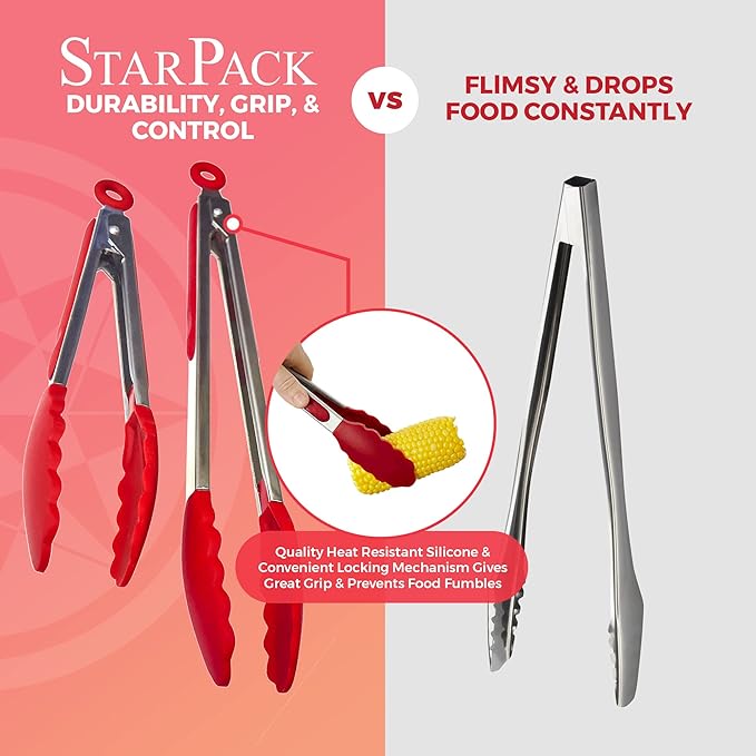StarPack Premium Silicone Kitchen Tongs Set of 2 (9-Inch & 12-Inch) - Stainless Steel with Non-Stick Silicone Tips, High Heat Resistant to 480째F, For Cooking, Serving, Grill, BBQ & Salad (Cherry Red)