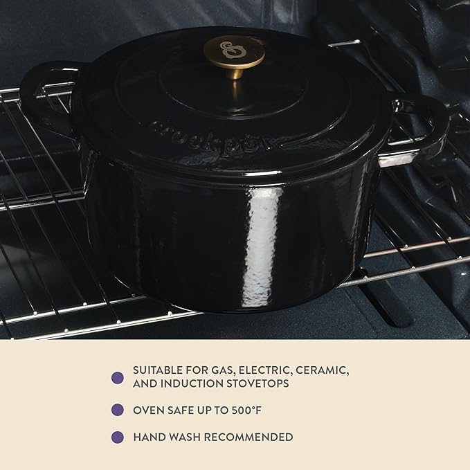 Crock Pot Artisan 7-Quart Round Cast Iron Dutch Oven with Lid ??Black Enamel Finish, Gold Knob, Durable Heavy-Duty Cookware for Slow Cooking, Baking, and Roasting