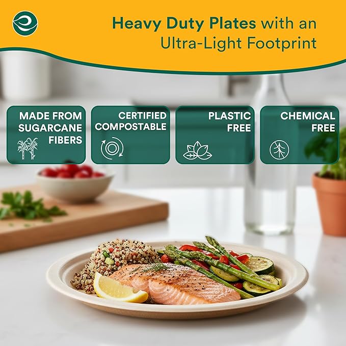 ECO SOUL Compostable 9 Inch(400-Pack) Biodegradable Heavy-Duty Disposable Eco-Friendly Paper Plates for Christmas Dinner & Parties, Wedding, Event