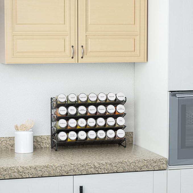SpaceAid Spice Rack Organizer with 28 Spice Jars, 386 Spice Labels, Chalk Marker and Funnel Set for Cabinet, Countertop, Pantry, Cupboard or Door & Wall Mount - 28 Jars, 13.4" W 횞 10.8" H, White