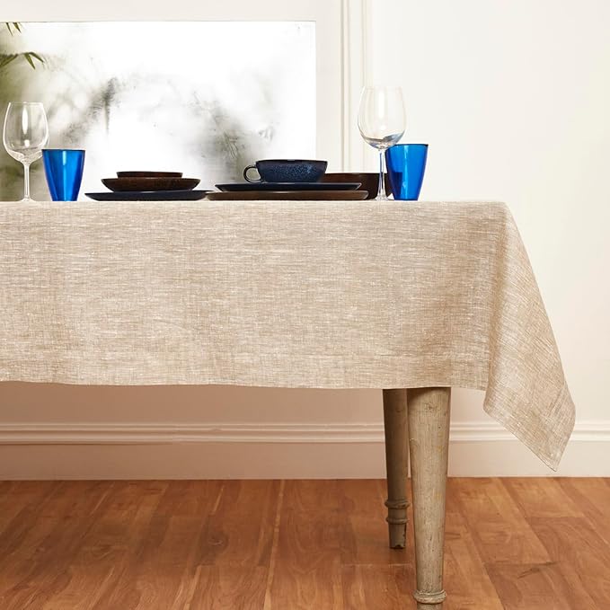 Solino Home Linen Tablecloth 60 x 120 Inch - 100% Pure Linen Champagne Beige Table Cloth for Rectangular Tables - Athena, Machine Washable Cloth Tablecloth for Spring, Easter