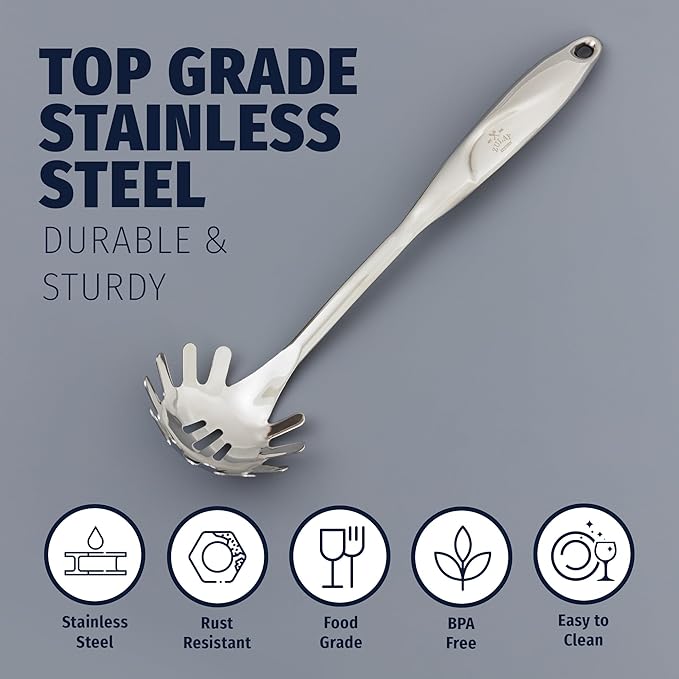 Zulay Kitchen Stainless Steel Spaghetti Server - 12??Pasta Fork with Teeth & Draining Holes - Rust-Resistant Pasta Spoon for Noodles & Pasta - Dishwasher Safe Utensil for Everyday Use