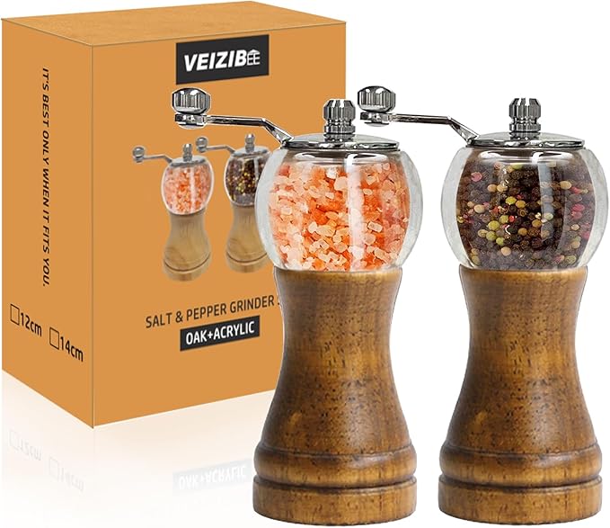 Pepper Grinder, Classical Roast Black Manual Pepper Grinder Set, Hand Shake Sea Salt Mill, Retro Style Wood竊?Acrylic竊똂eramic Blades, Enjoy Fresh Pepper Spices (Walnut color 2pcs-6in)