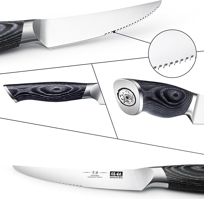 SHAN ZU 6 Pc Steak Knife Set, 4.5 Inch High Carbon Japanese Super Steel Steak Knives, Ultra Sharp Kitchen Steak Knife with K133 Ergonomic Handle, Black Tortoise Genbu Series