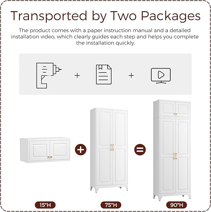 Metal Storage Cabinet, 90" White Pantry Cabinet with 4 Doors and 4 Adjustable Shelves, Tall Cabinets for Dinning Living Room and Dining Room