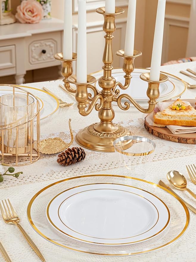WDF 25Pack Gold Charger Plates - 12inch Clear Chargers with Gold Trim - Clear Plates Disposable for Dinner Wedding Birthday Valentine's Day