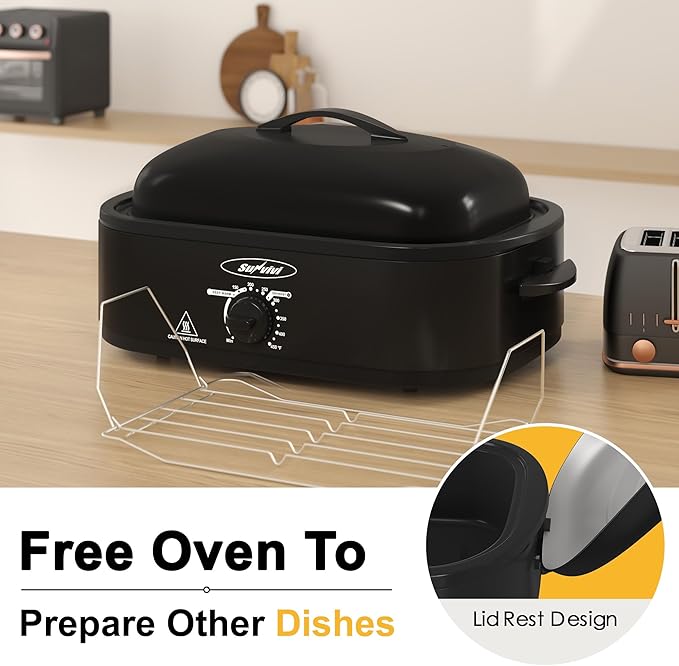 Sunvivi 14-Quart Roaster Oven with Self-Basting Lid, Electric Turkey Roaster Oven with Removable Pan and Rack, Stainless Steel, Black