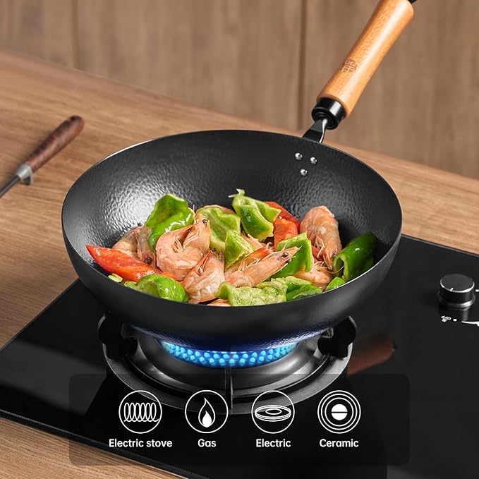 WANGYUANJI 11-Inch Carbon Steel Frying Pan with Beech Wooden Handle & Glass Lid - Physical Non-Stick, Non-Coating Skillet for Induction, Saut챕ing, Frying, Stir-Frying