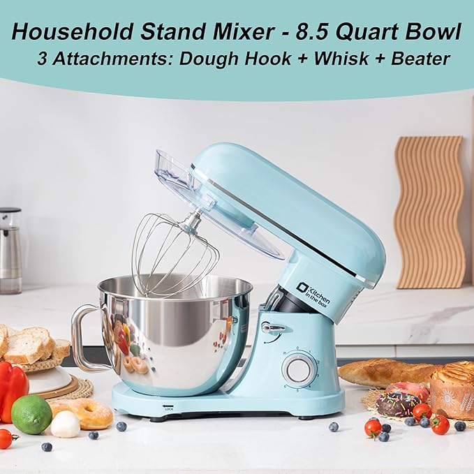 Kitchen in the box Stand Mixer - 8.5 Quart Electric Kitchen Standing Mixer 900 Watt for Heavy Bread Dough,Baking,Cake,Cream & Batters,Tilt Head Design (Blue)