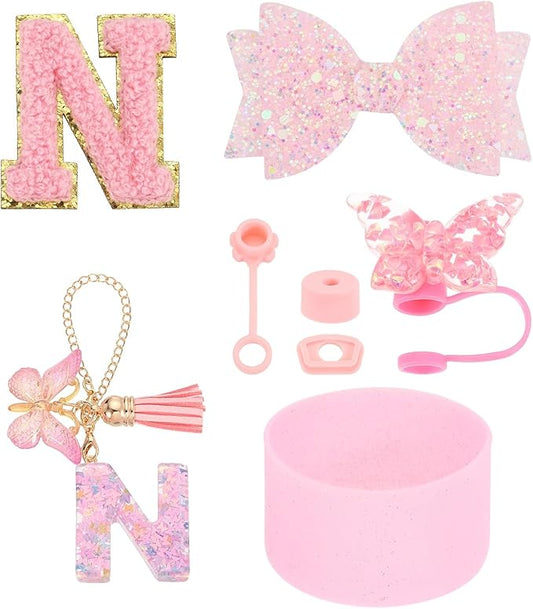 uxcell 8Pcs Cup Accessories Set for Cup Tumbler with Handle, Including Silicone Straw Cover, Boot, Spill Proof Stopper, Handle Charm, Initials Sticker(Letter N, Pink)