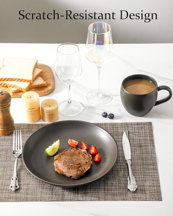 Stoneware Dinner Plates, 10 Inch Serving Dishes Set of 4 for Kitchen, Ceramic Dinnerware Dishes for Steak, Pancakes, Scratch Resistant Plate Set, Microwave & Dishwasher Safe, Matte Black