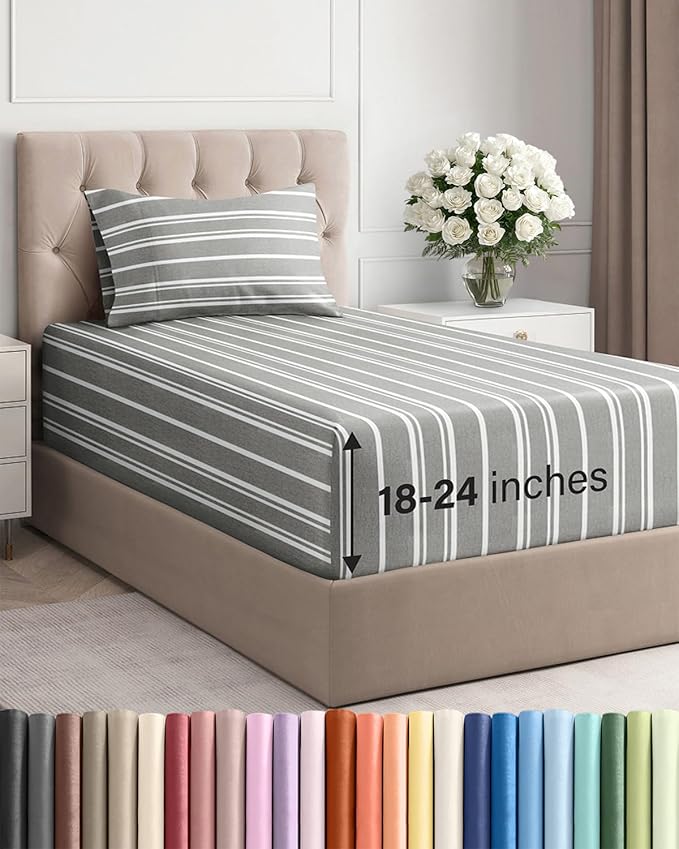 Extra Deep Pocket Twin XL Sheets - 3 Piece Breathable & Cooling Bed Sheets - Hotel Luxury Bed Sheet Set - Soft, Wrinkle Free & Comfy - Easily Fits Extra Deep Mattresses - Grey Striped Sheets Set