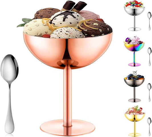Ice Cream Bowls Stainless Steel Dessert Cups with Spoons Reusable Footed Sundae Cups Ice Cream Cups for Dessert, Frozen Yogurt, Gelato, Birthday Party Decorations (1, Rose glod)