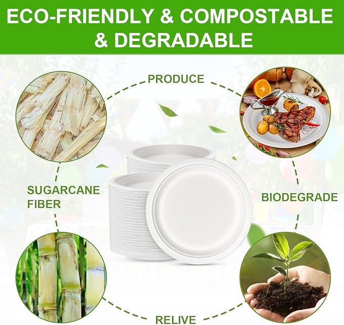 10 Inch Compostable Disposable Paper Plates, 150 Pack Heavy Duty Paper Plates, Made Of Eco-Friendly, Natural Sugarcane Bagasse
