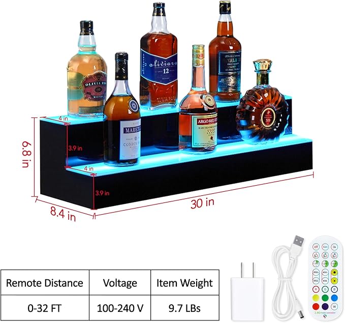 30 Inch Rectangular 2-Tier LED Lighted Liquor Bottle Display Shelf - Acrylic Wine Rack with Remote & App Control, 16 Static Colors, 1-8H Timer, USB Power, for Home Bar, Commercial Use