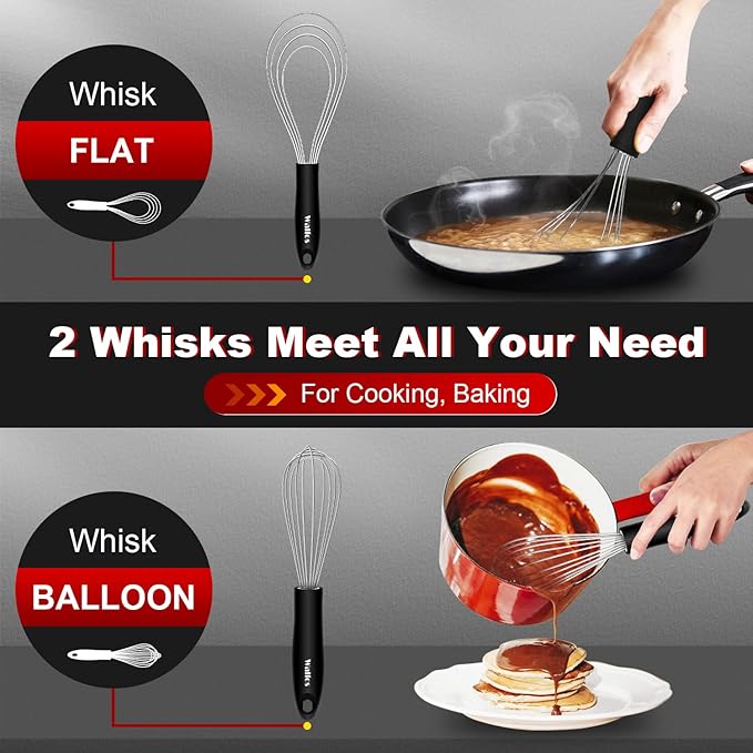 Walfos Whisk,Whisks for cooking set, 304 Stainless steel Whisks,Heat Resistant 600째F.Perfect for Blending Beating Stirring - 11inFlat Whisk and 7+9+11in Balloon Whisk