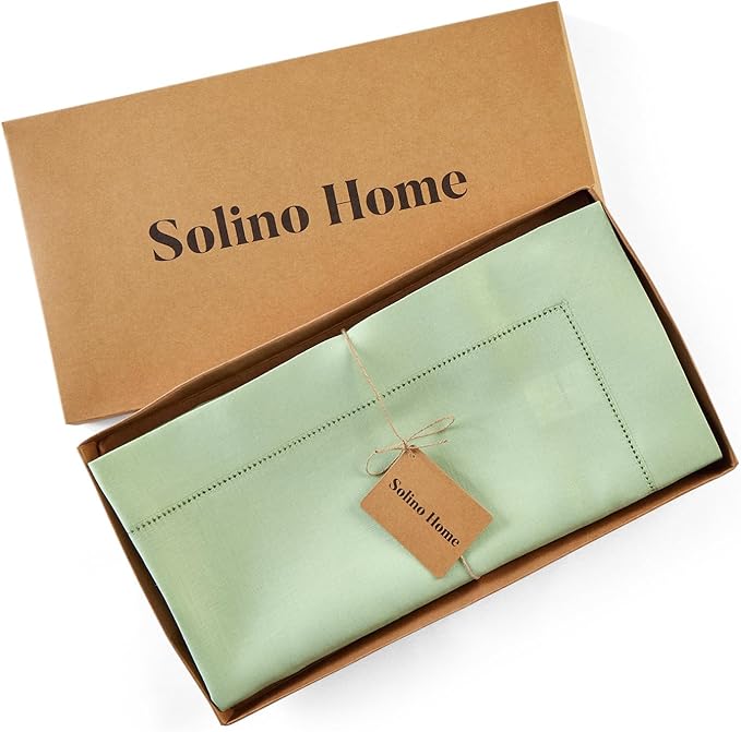 Solino Home Linen Tablecloth 52 x 52 Inch - 100% Pure Linen Light Green Square Tablecloth - Classic Hemstitch, Machine Washable Table Throw for Spring, Easter, St Patricks Day