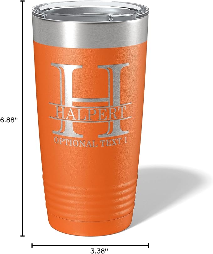 Personalized 20oz (17 Colors) Powder Coated Insulated Stainless Steel Tumbler with Lid, Custom Etched, Customized Engraved Gift Idea for Women Men Her Him, Halpert Monogram Initial Name (Orange)