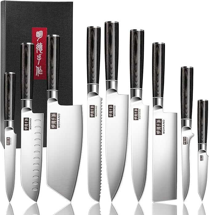 MDHAND Knife Set, 9PCS Professional Japanese Kitchen Knife Set, High Carbon Stainless Steel Chef Knife Sets - Pakkawood Handle for Professional Chef, Cooking, Cutting, Dishwasher Safe, Elegant Box