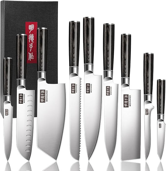 MDHAND Knife Set, 9PCS Professional Japanese Kitchen Knife Set, High Carbon Stainless Steel Chef Knife Sets - Pakkawood Handle for Professional Chef, Cooking, Cutting, Dishwasher Safe, Elegant Box