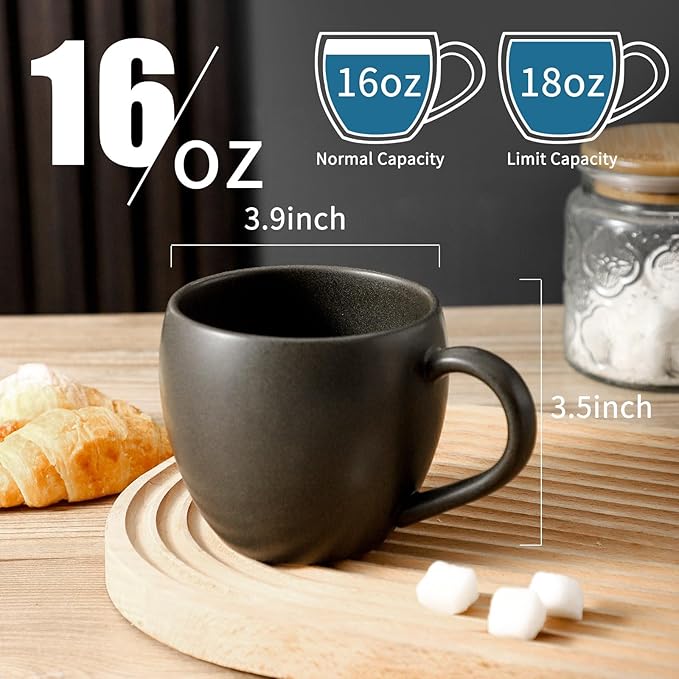 Coffee Mugs Set of 4, Stoneware 16 Oz Coffee Mugs for Cappuccino Latte Cocoa and Tea, Ceramic Coffee Cups with Handle,Black Mugs for Housewarming Gifts, Microwave and Dishwasher Safe