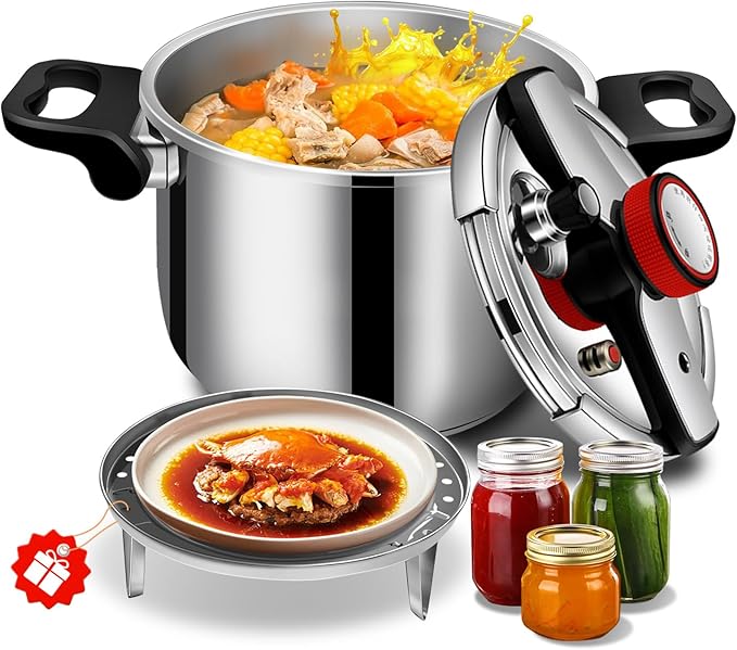 304 Stainless Steel Pressure Cooker 6 Quart Explosion-Proof Lock, One Hand Operation, Fast Cooking, Dishwasher Safe & Induction Compatible, Family Size Cookware PETERBOO