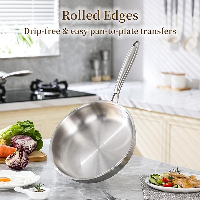 DELARLO Tri-Ply Stainless Steel Frying Pan, All Cooktops Compatible Up to 600?? Oven Safe Induction Skillet, 12.5 inch Non toxic Cooking Surface, Fast & Even Heat, Durable Cookware